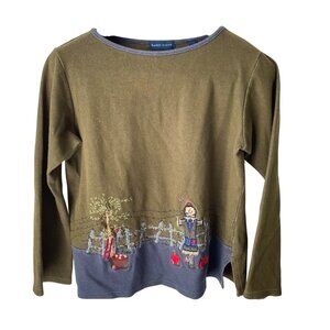 Karen Scott Olive Green Embroidered Fall Scarecrow & Pumpkin Womens Top Size M
